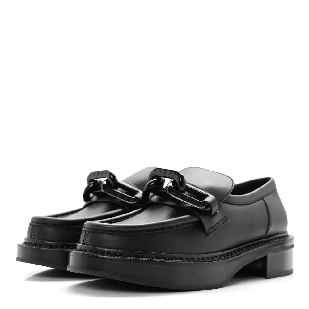 Louis Vuitton NIB Academy Black Calfskin Oversized LV Chain Loafers 37